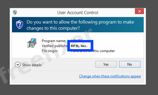 Screenshot where HFN, Inc. appears as the verified publisher in the UAC dialog